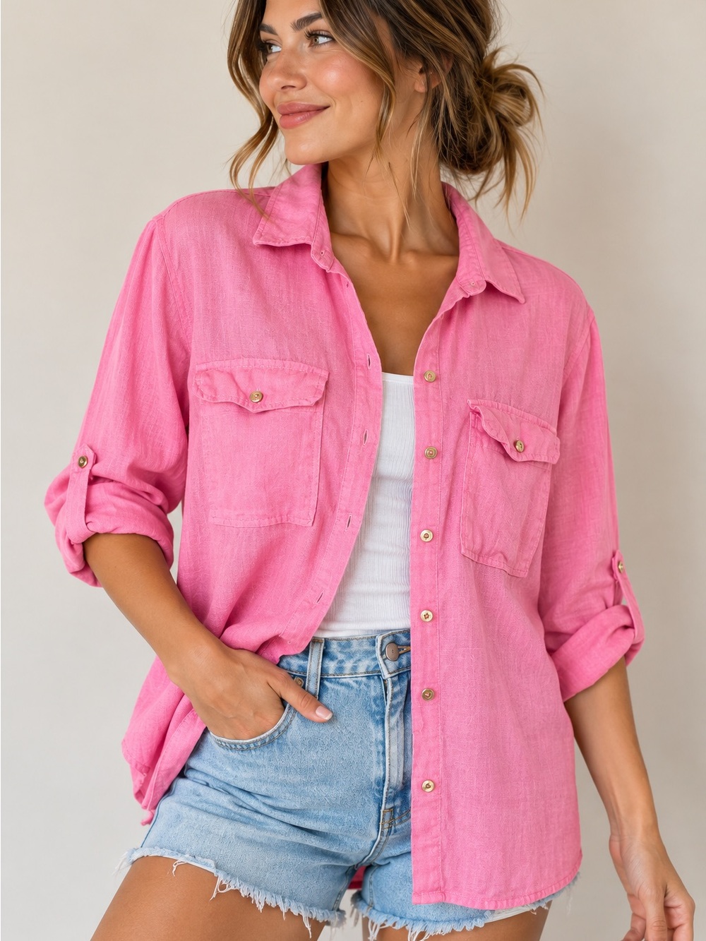 Zara Pink Linen Blend Button Down Shirt Women’s M Utility Pocket Roll Tab
